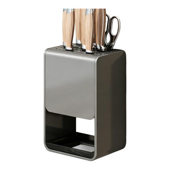 

Wall-Mounted Countertop Knife Holder with Drip Tray Space-Saving Carbon Steel Plastic Rack for Kitchen Knives No-Drill Installation Anti-Slip Kitchen A серый