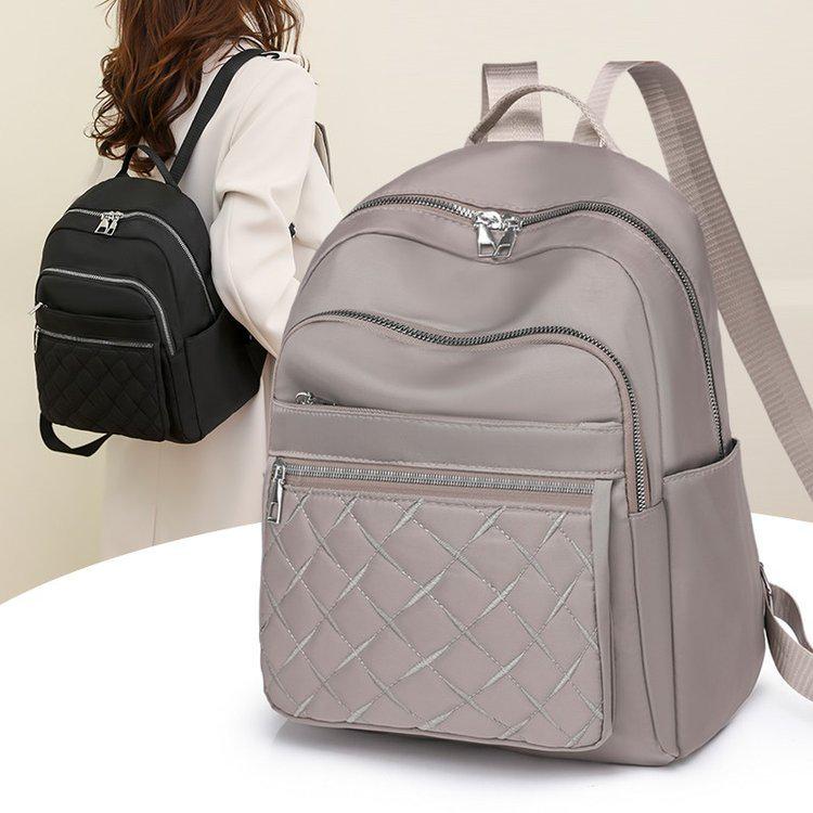 Women's College Style Embroidered Diamond Lattice Water-Repellent Backpack