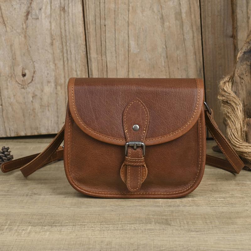 Johnature Všestranná jednobarevná malá čtvercová taška z pravé kůže retro hovězí ramenní crossbody taška
