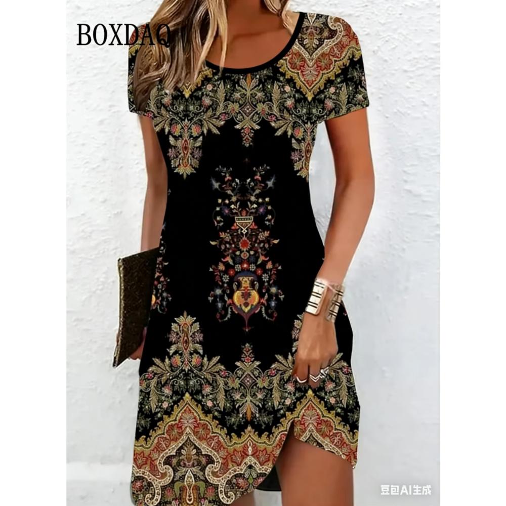 

Женское Повседневное Мини-платье с Цветочным Принтом Винтажное С О-образным Вырезом С Коротким Рукавом Модное Бохо Повседневные Платья S