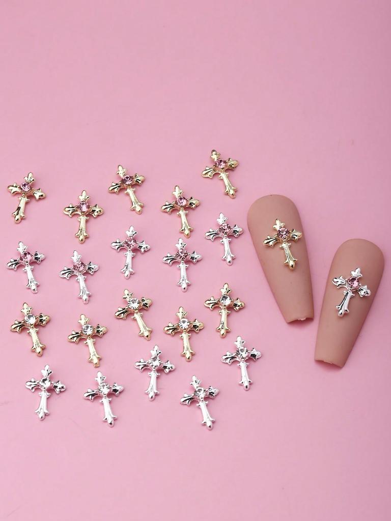 10pcs Cross Nail Charms 3D Alloy Rhinestones for Nail Art, Unscented DIY Nail Decorations, Sparkling Religious Nail Gems for Manicure Accessories