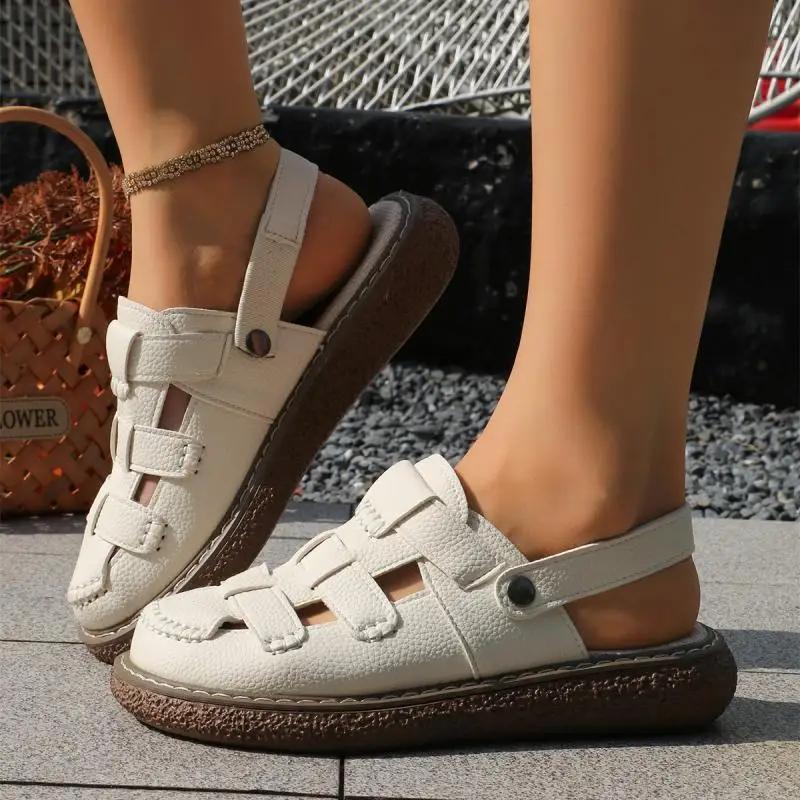 Fashion Vintage Hollow Out Back Strap Gladiator Sandals Classic Round Toe Low Heel Sandals Soft Thick Bottom Non Slip Mom's Shoes