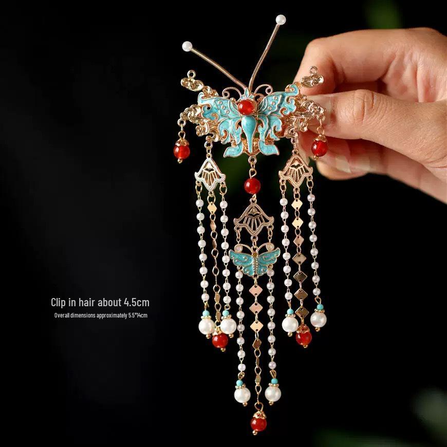 Elegant Blue Cloud Pearl Hairpin with Tassel