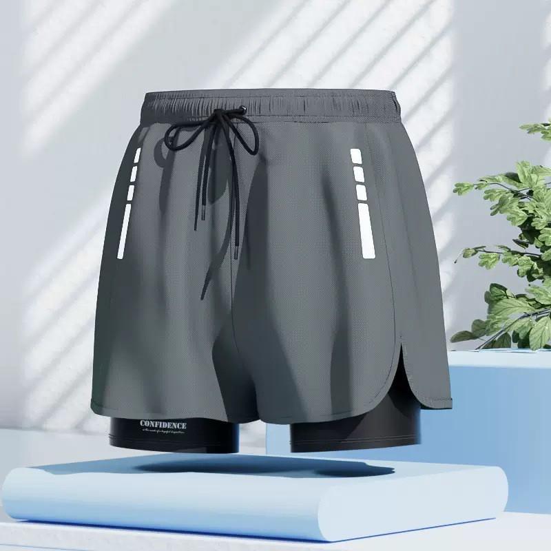 Mens Double-Layered Board Shorts Swim Trunks Quick-Dry Anti-Chafe Flat Front Beach Pool Surfing