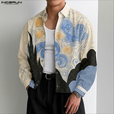Camisas Casuais Masculinas de Manga Comprida com Gola Lapela e Estampa Solta
