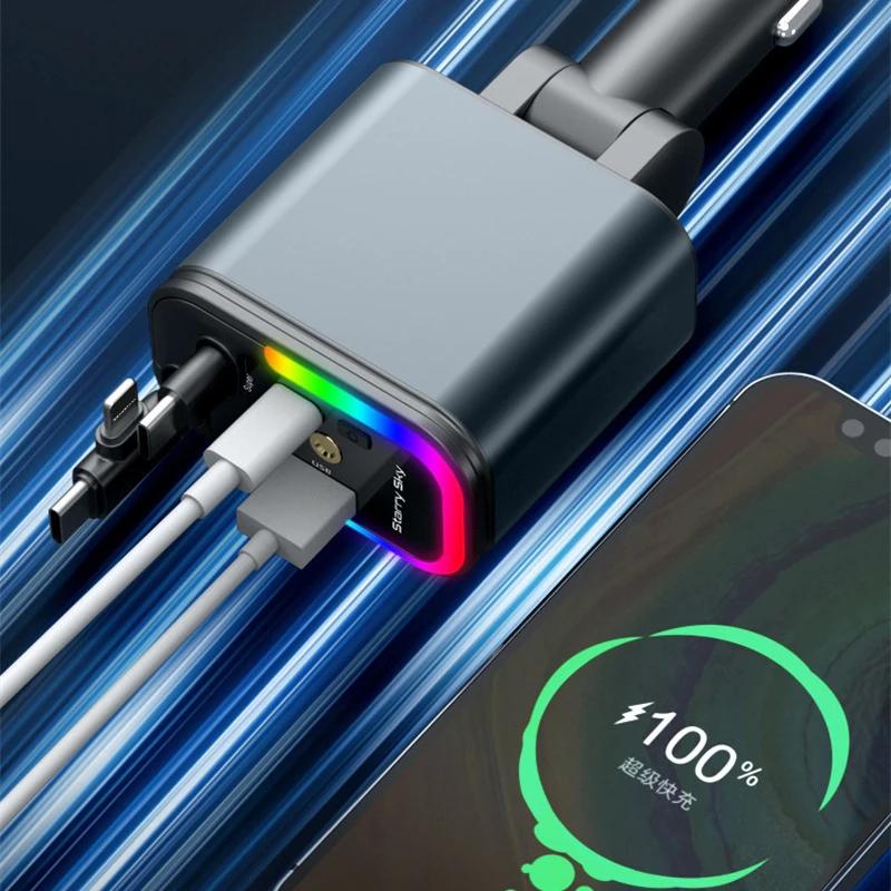 180W 5 In 1 Retractable Car Phone Charger RGB Starry Sky Light for PD/QC3.0/SCP/VOOC/FlashCharge/AFC/FlashCharge Protocols Phone