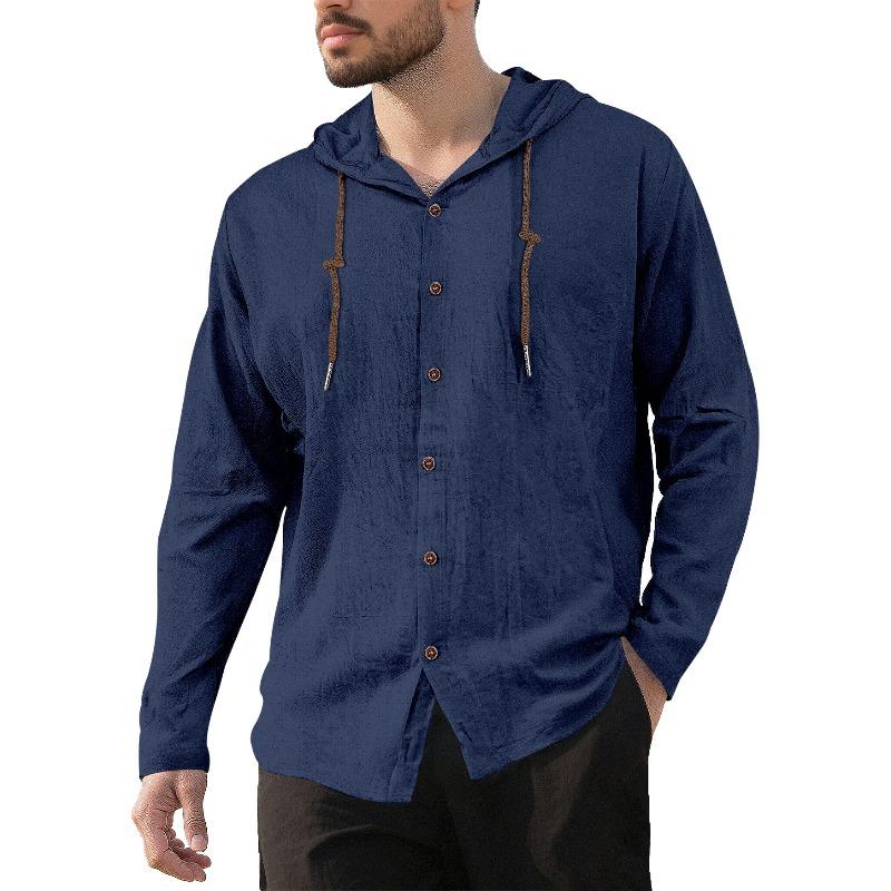 Men's 100% Cotton Hooded Drawstring Shirt, Solid Color Loose Fit Long Sleeve Casual Beach Overshirt for Men
