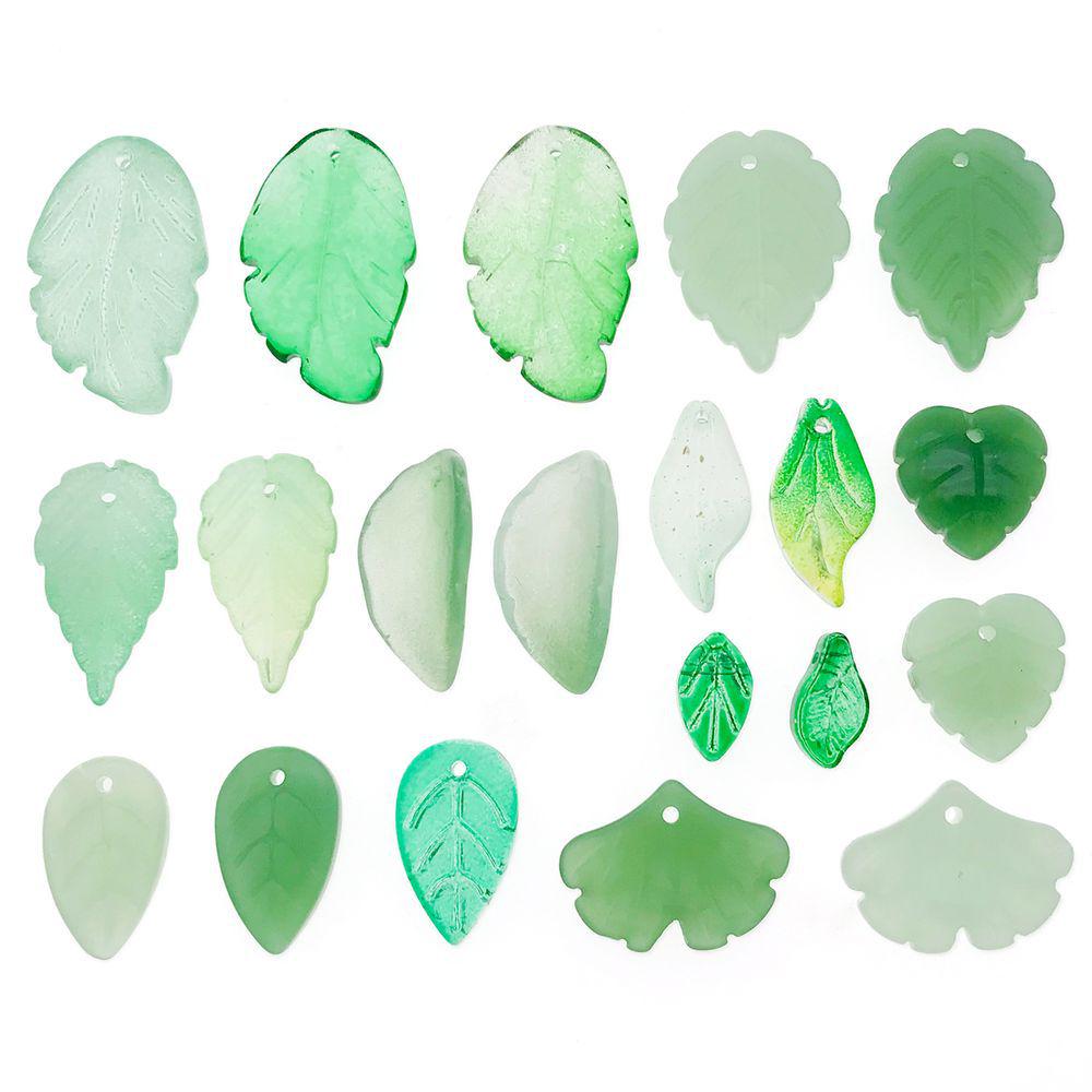 Set of 20 Green Transparent Faux Glass Leaf Pendants for DIY Bracelets, Necklaces, and Video Accessories.