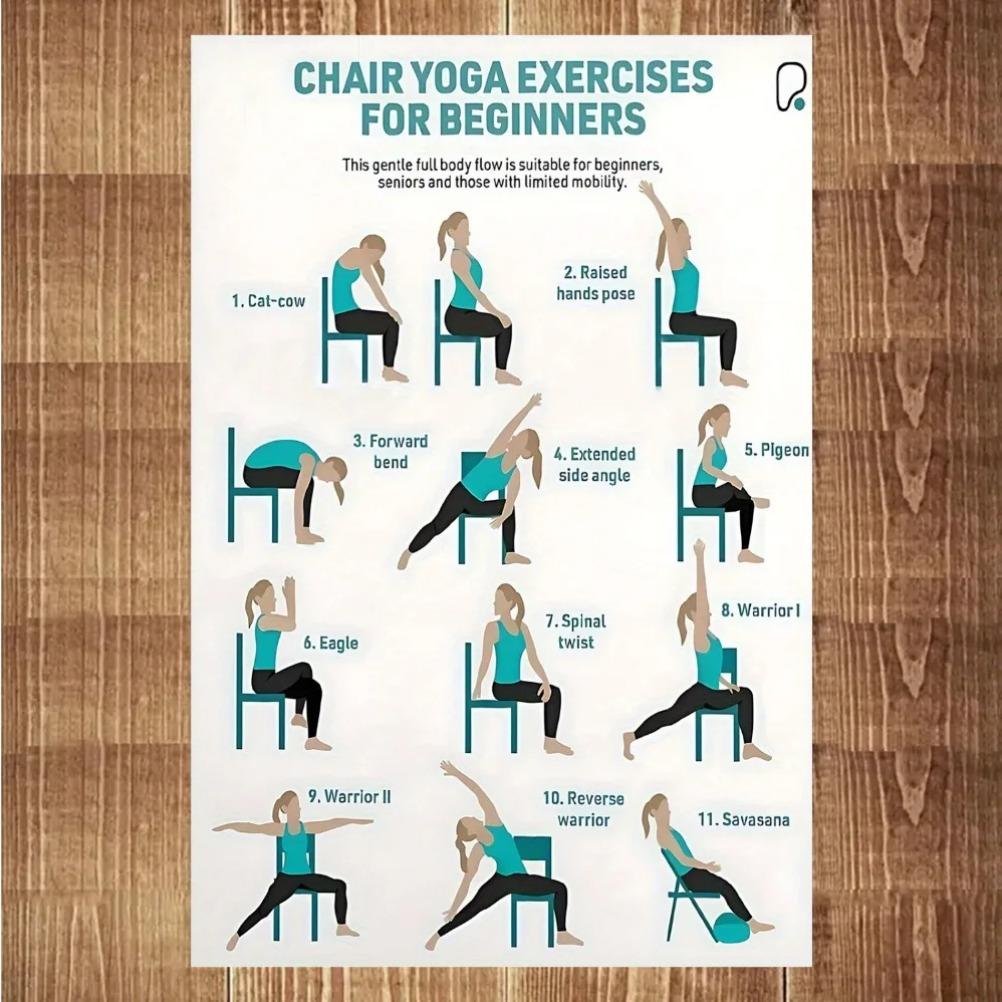 Afis Yoga pentru Începători - Exerciții de Yoga pe Scaun cu Flux Blând pentru Tot Corpul Ideal pentru Utilizare Acasă Perfect pentru Persoane Vârstnice