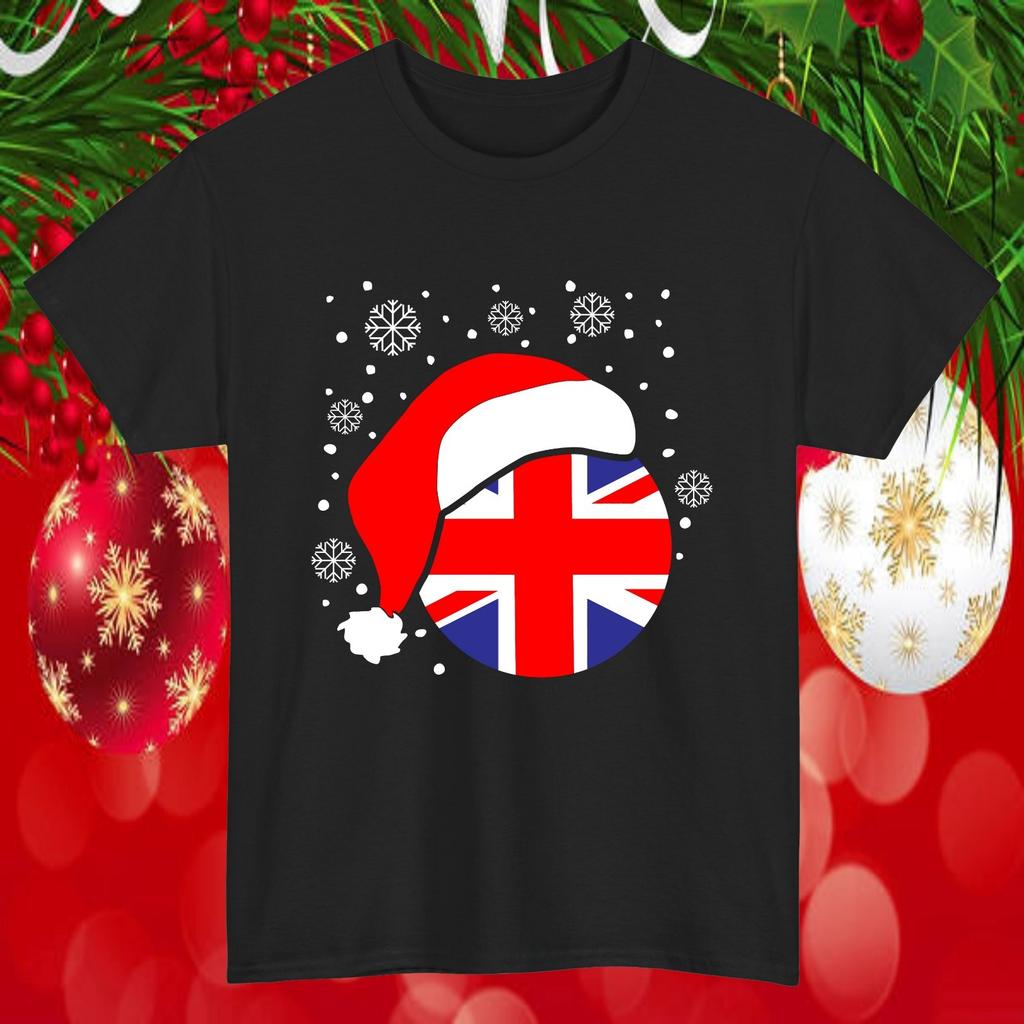 UK Flag Santa Hat Christmas T-Shirt | Snowflakes Xmas Tee Patriotic UK Gift Top