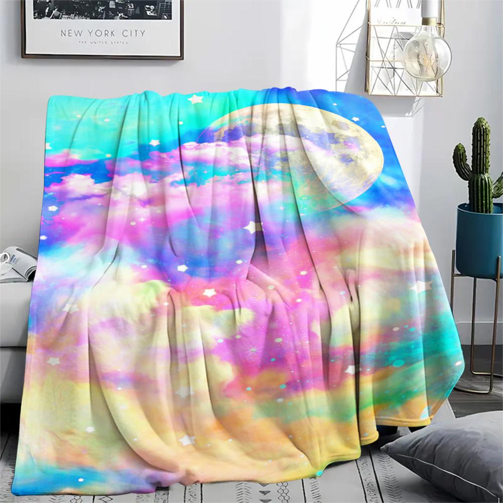 1Pc Galaxy Moon Print Flannel Blanket, High quality Comfortable for All Seasons, Home Decor, Warmth and Comfort, Perfect for Gifts
