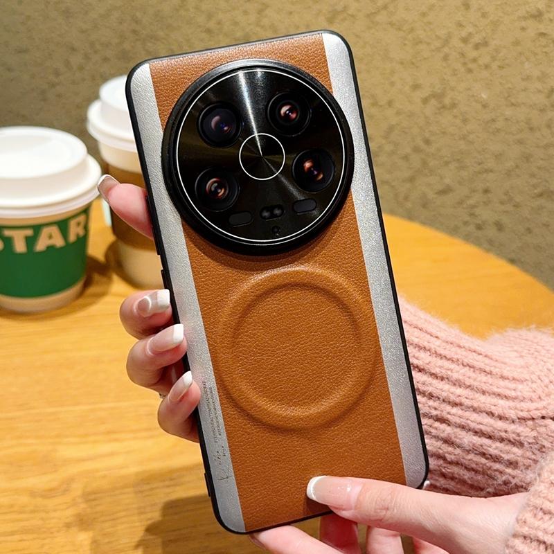 

For Xiaomi 14 Ultra Case Compatible with MagSafe Splicing Color PC+PU Leather Phone Back Cover Brown
