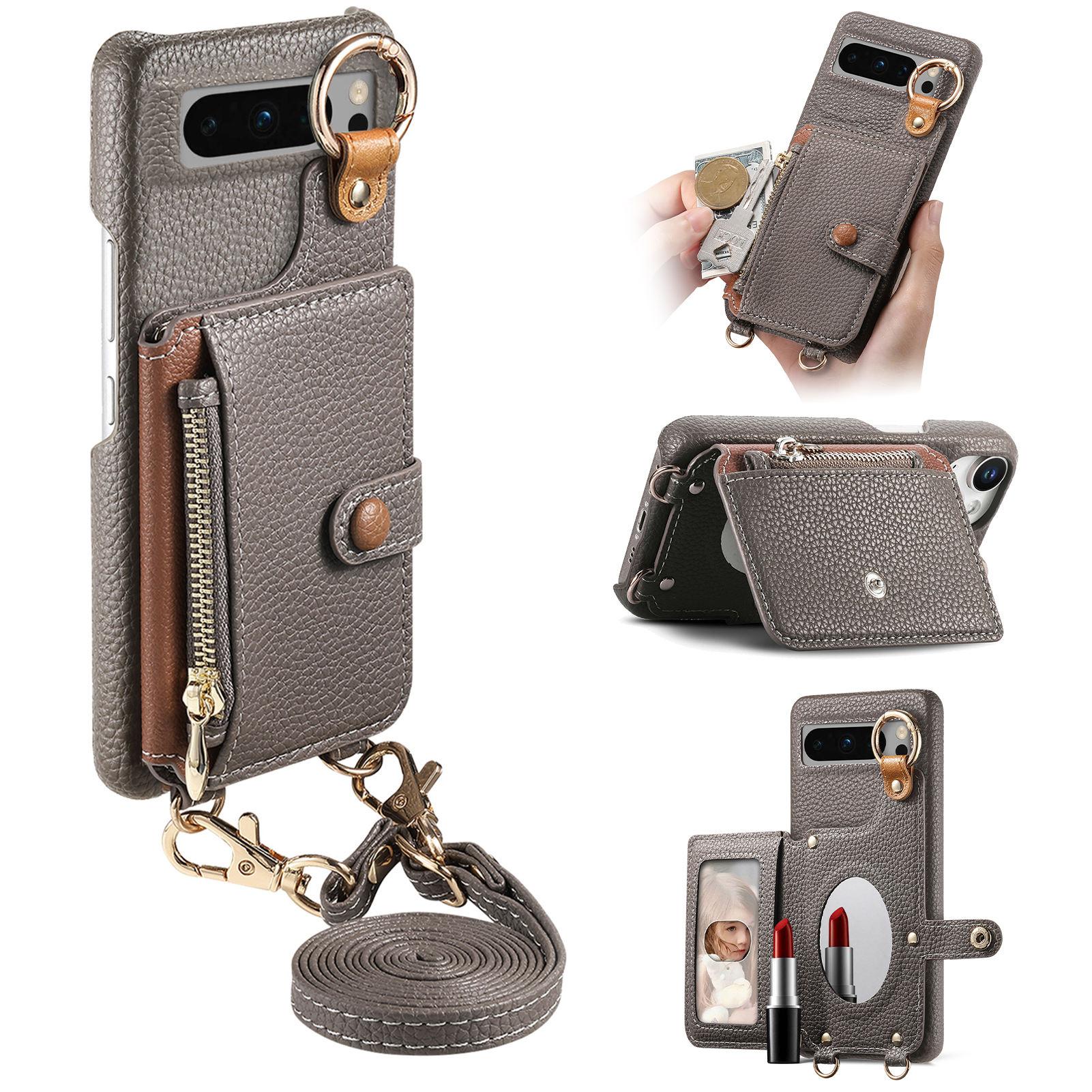 

Для Google Pixel 8 Pro Шкіряна Задня Кришка Телефону Кишеня на Блискавці для Карт Підставка з Дзеркалом та Довгим Ремінцем Silver Grey