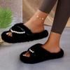 Luxury Pearl Chain Decoration Short Plush Slides Women 2025 Autumn Round Toe Low Heel Slippers Warm Faux Fur Outdoor Slippers