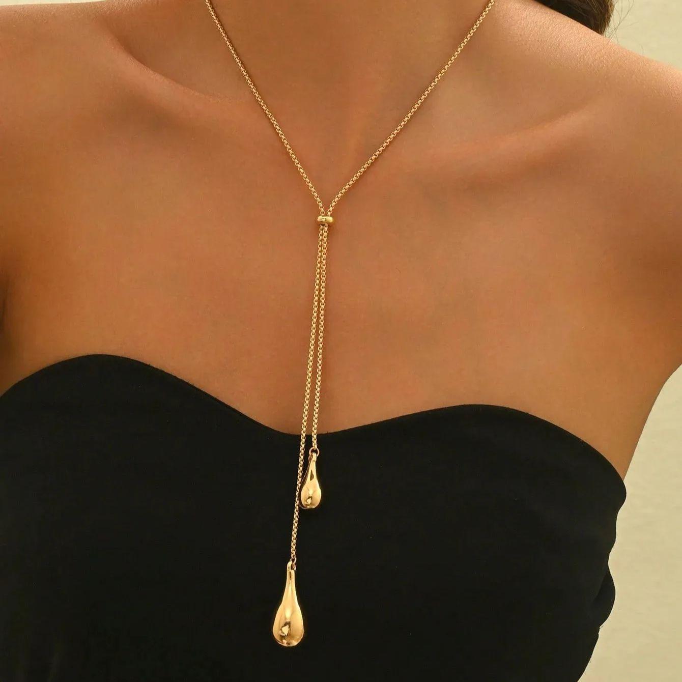 

Chic Double Teardrop Design Necklace Elegant Glam Style Gold Color Y - Necklace Delicate Versatile Party Jewelry For Women
