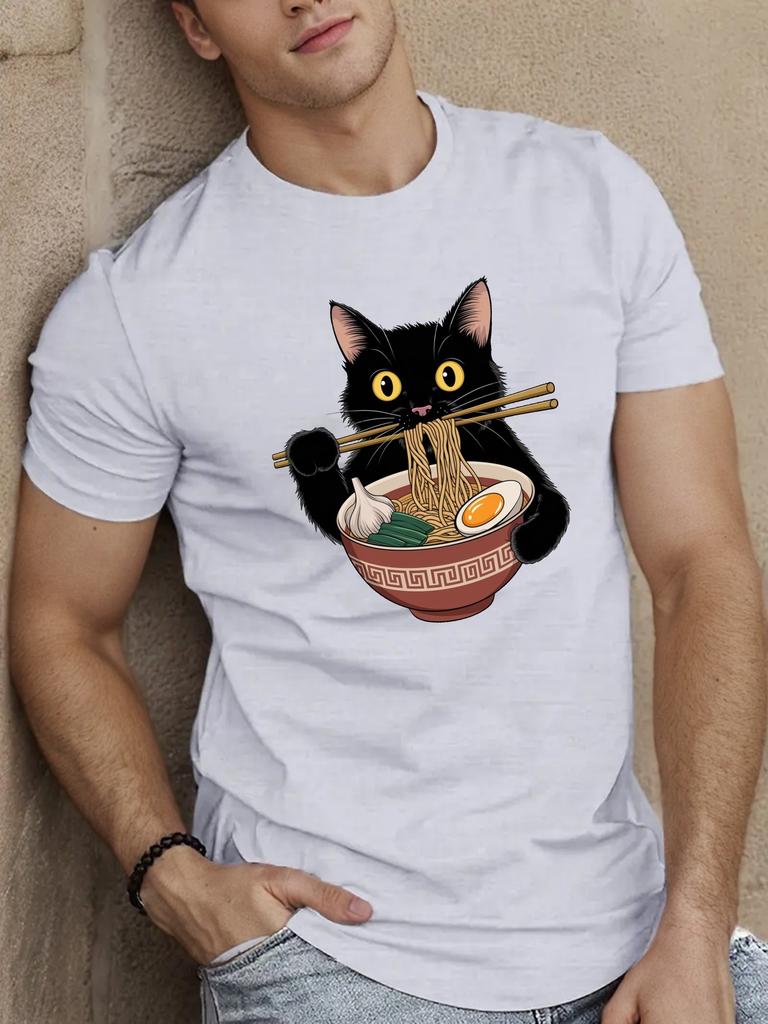 Black cat with ramen Mens Short Sleeve Tshirt Summer Tshirt Top