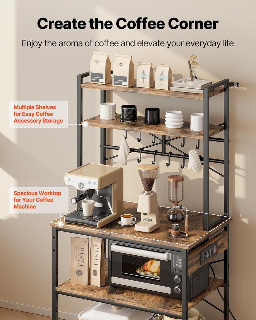 Kitchen Bakers Rack, 1.5m Power Cable Bakers Rack with Power Outlet, Kitchen Stand with X-Shaped Support Bar, 12 S-Shaped Hooks, Coffee Bar Stand for