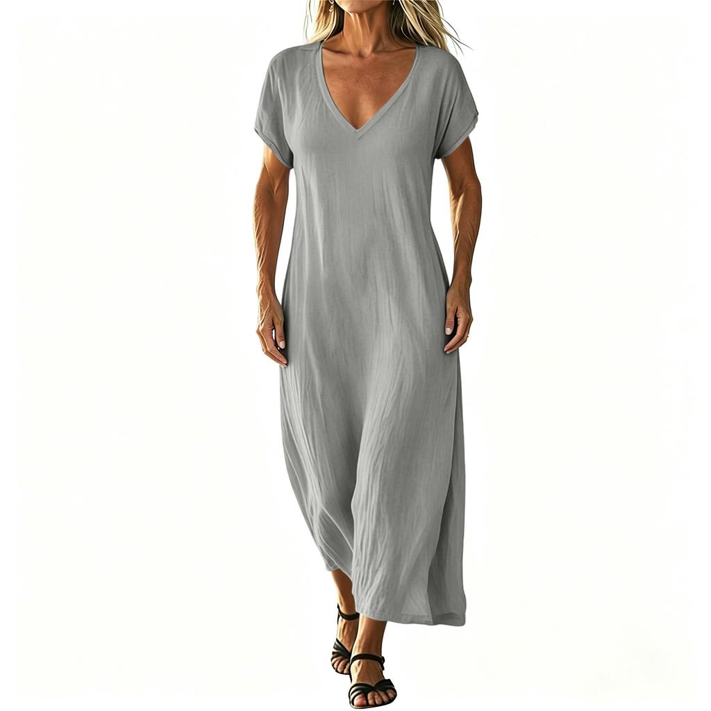Rochie lungă colorată de damă, cu decolteu în V, lejeră