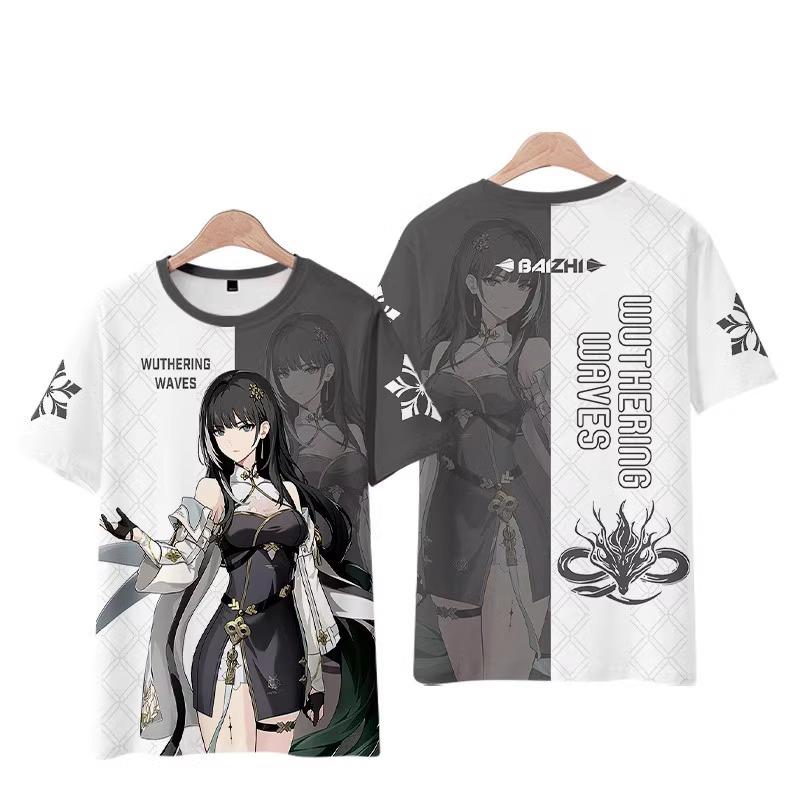 Spiel Anime Charakter 3D Gedrucktes T-Shirt, Beidseitig Rot Weiß Grafik Kurzarm Lässiges Streetwear Oberteil
