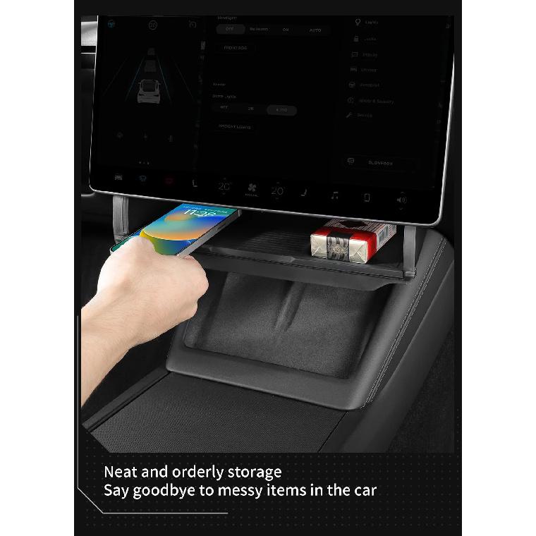 Pour Tesla Model Y Juniper 2025 Model 3 Highland 2024 Boîte de rangement cachée sous l'écran Organiseur de console centrale derrière l'écran
