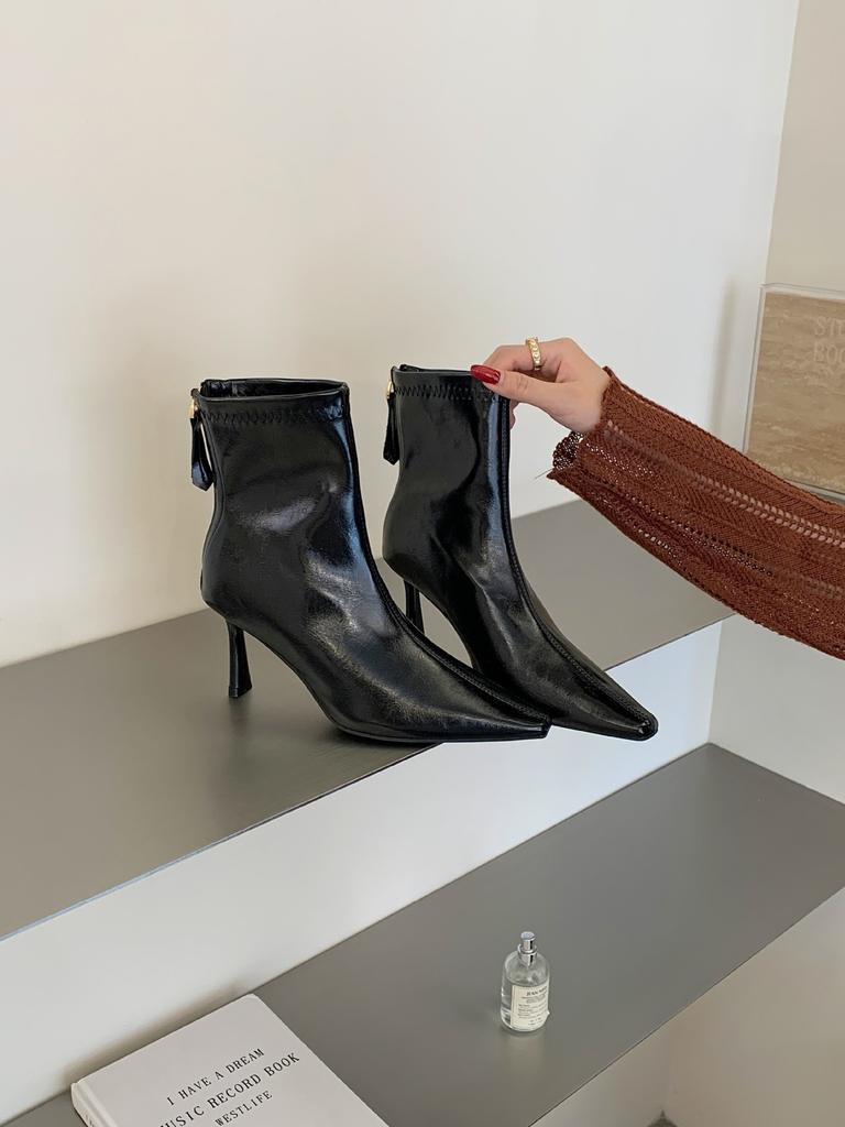 Off-white high-heeled short boots women's new pointed elastic thin boots thin-heeled short boots women's autumn and winter Martin boots