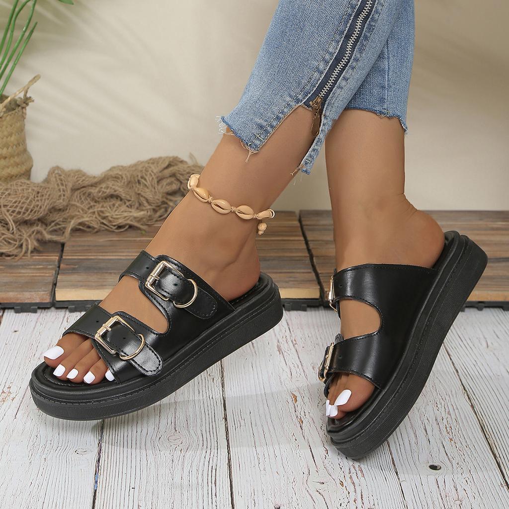 Lässige Sandalen Damen Leder Metall Knöchelschnalle Riemen Sommer Strand Damen Niedriger Absatz Sportschuhe Handgefertigt