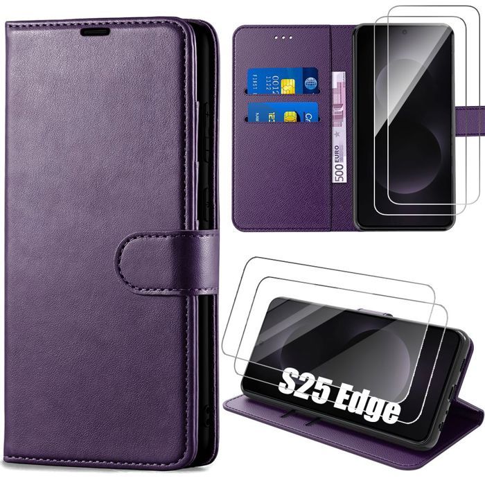 Coque de protection - BOOLING - pour Samsung Galaxy S25 Edge - Cuir PU Violet Foncé - 2 Verres Trempés - Antichoc