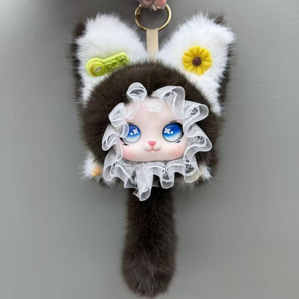 Hanging Charm Plush Cat Keychain Lace Border Bag Decoration Cartoon Cat Plush Toy Bag