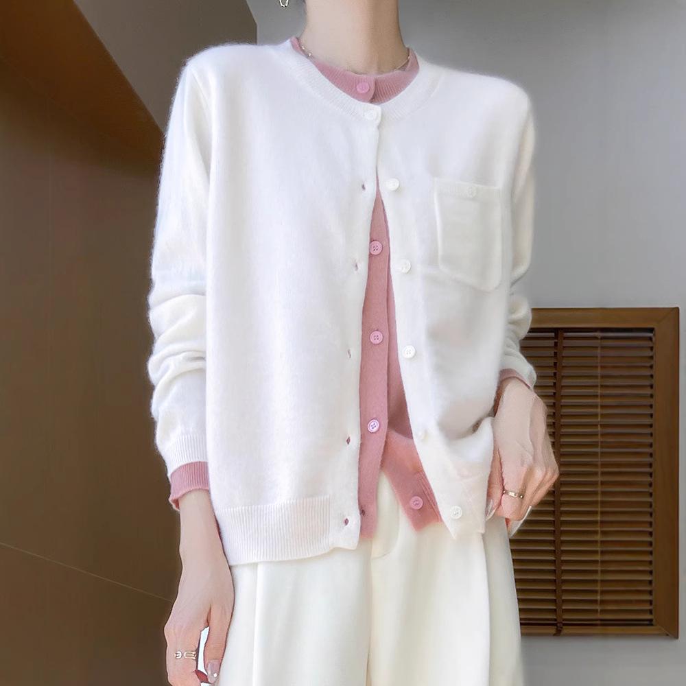 Women's 100% Wool Cardigan, Fake Two-Piece, Slimming Round Neck, Lazy Style Sweater Coat for Spring & Autumn