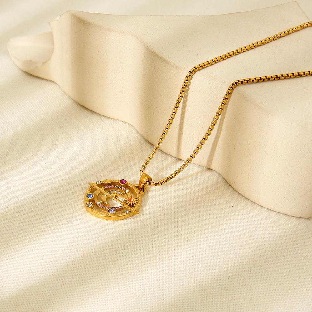 European and American Inlaid Colored Diamonds, Stars, Moon, Sun Pendant, Necklace, 18K Gold-plated Stainless Steel High-end Jewelry