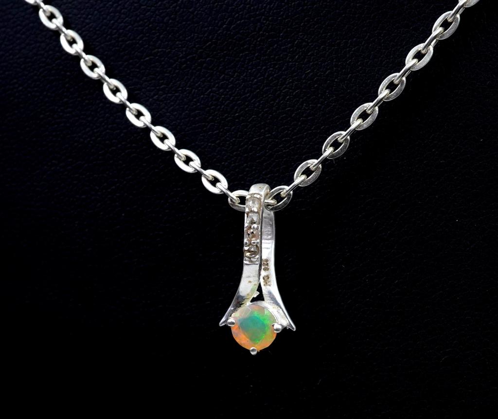 Handcrafted 925 Silver Pendant Featuring Natural Diamond and Opal Gemstone