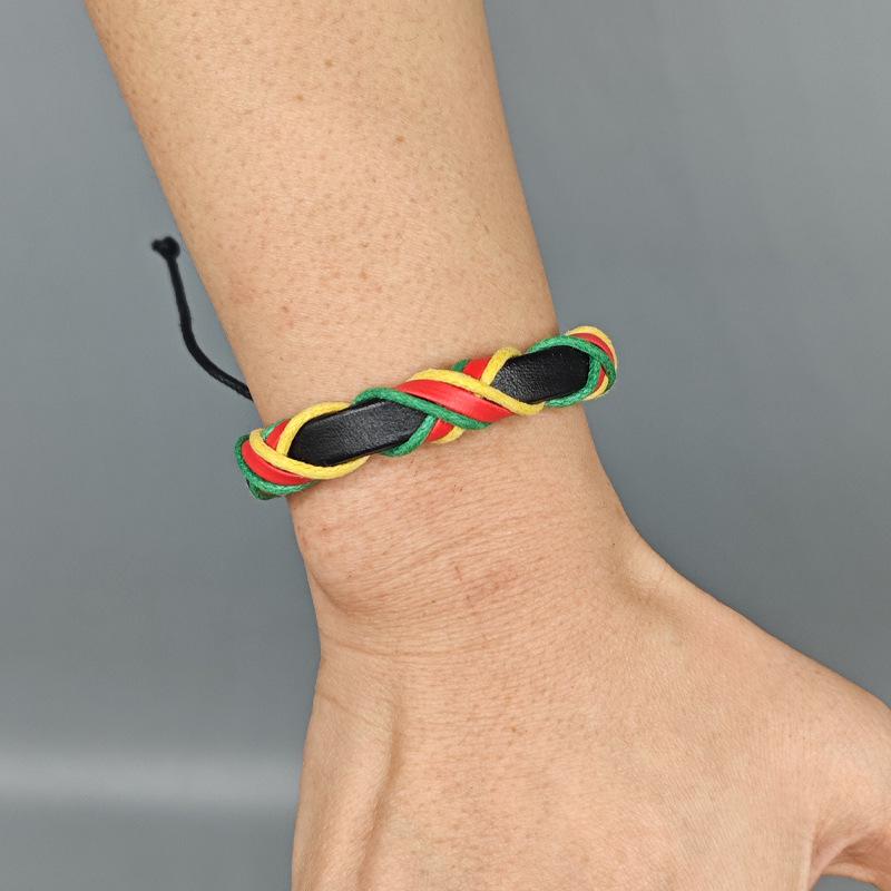 

Богемський ямайський плетений браслет - Червоний, жовтий та зелений, регульований, етнічні смужки