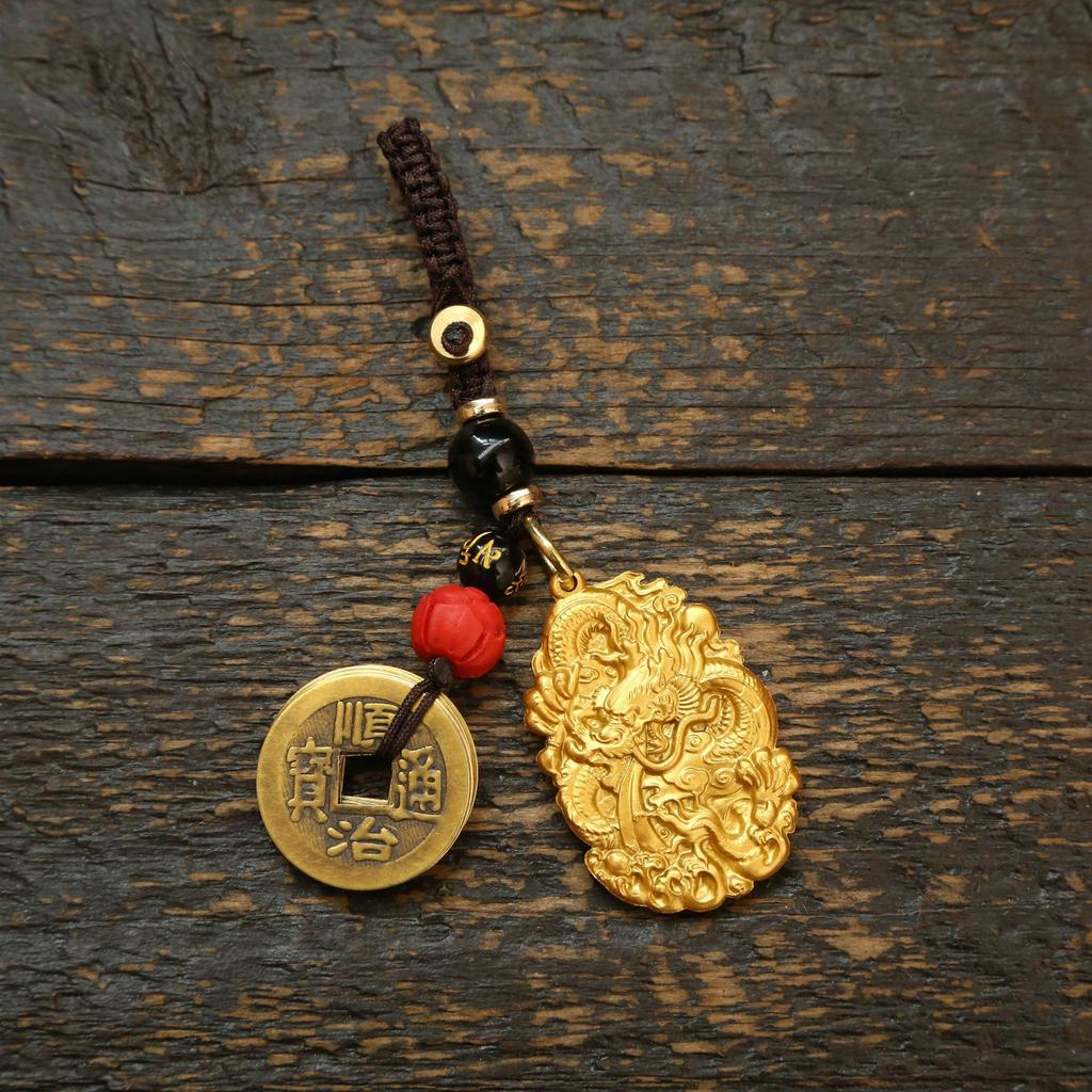 Dragon Brass Double-Sided Double-Dragon Tag Keychain Pendant Men'S And Women'S Bags Car Keys Pendants Accessories