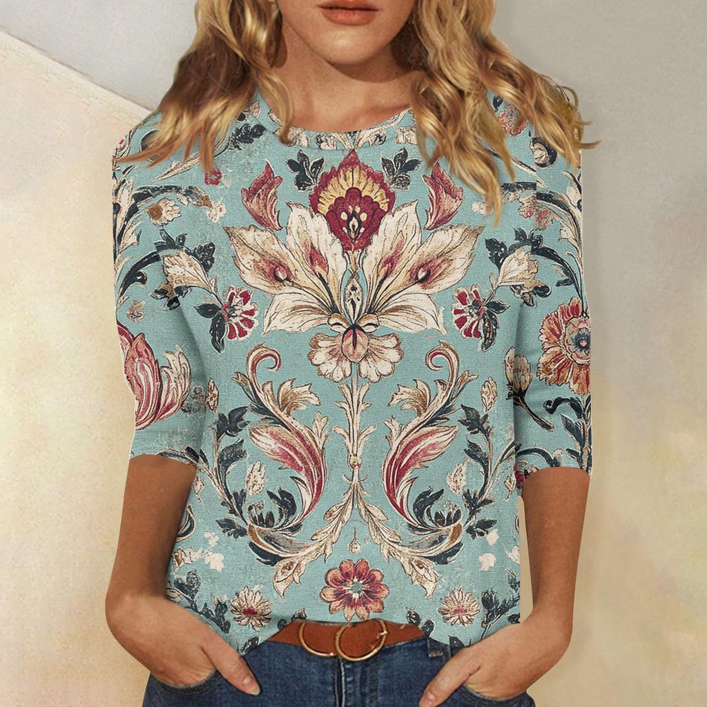 Women's Fashion Casual Seven Sleeve Vintage Printed Round Neck T-Shirt Top