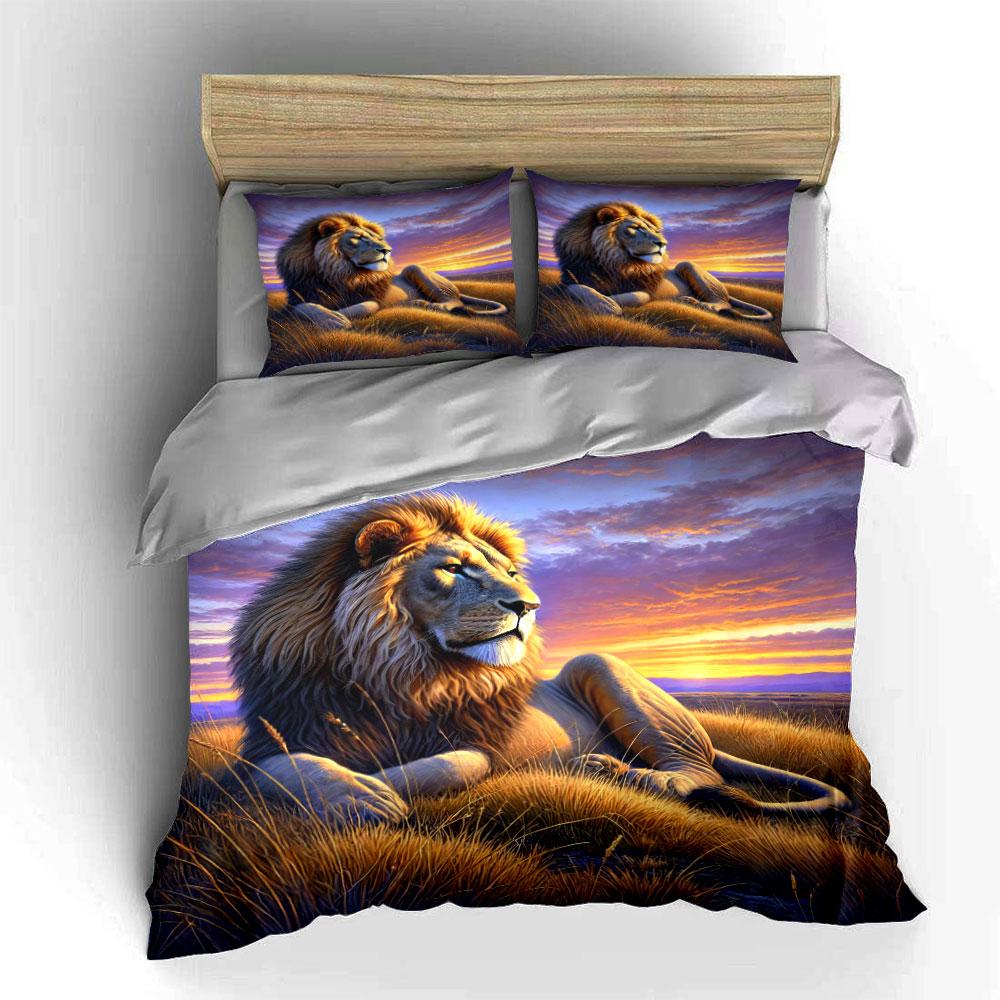 Relaxing Lion, Sunset Background. Bedding Sets Duvet Cover Sets Duvet Covers Pillowcases(1*Duvet Cover 2*Pillowcases Without Duvet Insert)