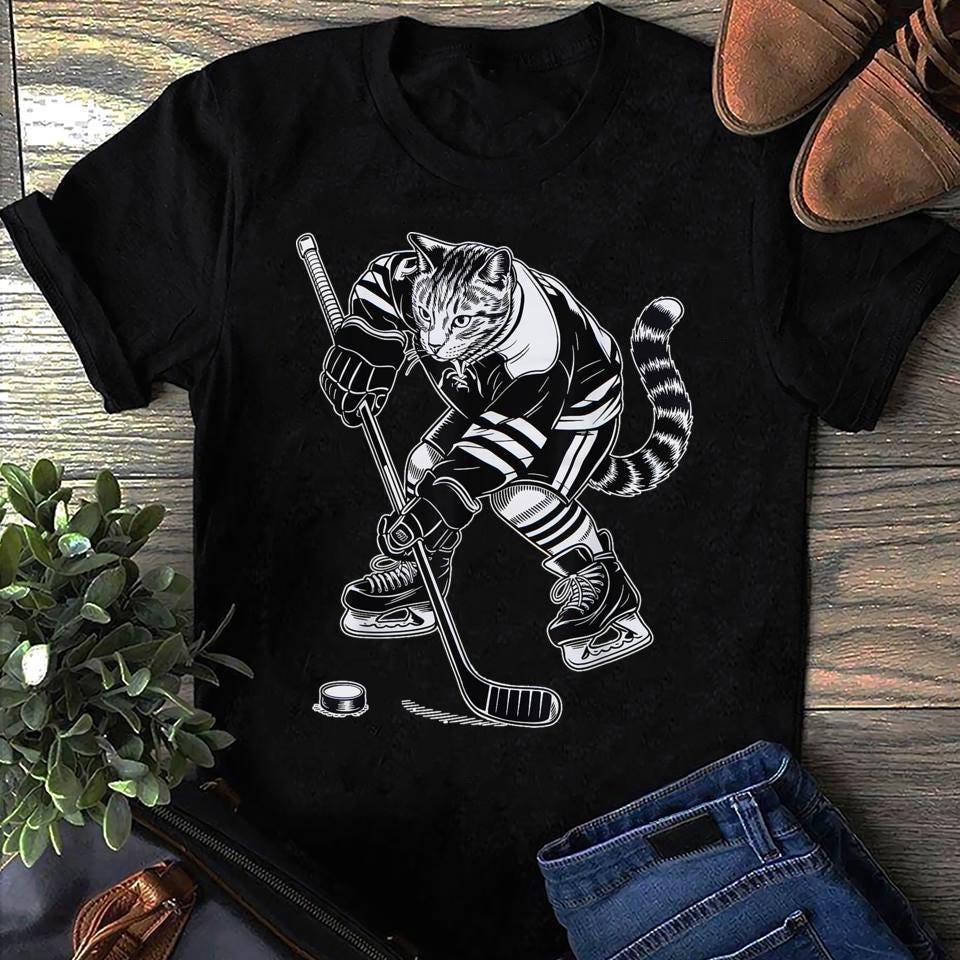 Cat Playing Hockey Kitten Lover Hockey Player Hockey Women T Shirts Cotton Tops S чёрный