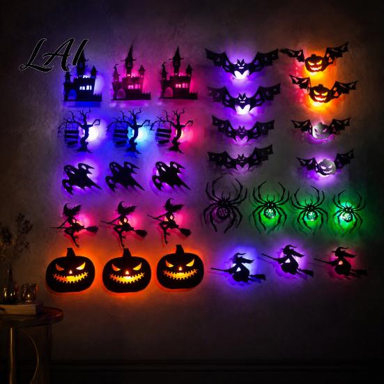 Čarodějnická nástěnná dekorace 30 ks Halloween s LED světlem Zářící netopýr Duch svědění Sezónní domov Pavoučí silueta Dekorace Strašidelná světelná okenní nálepka pro