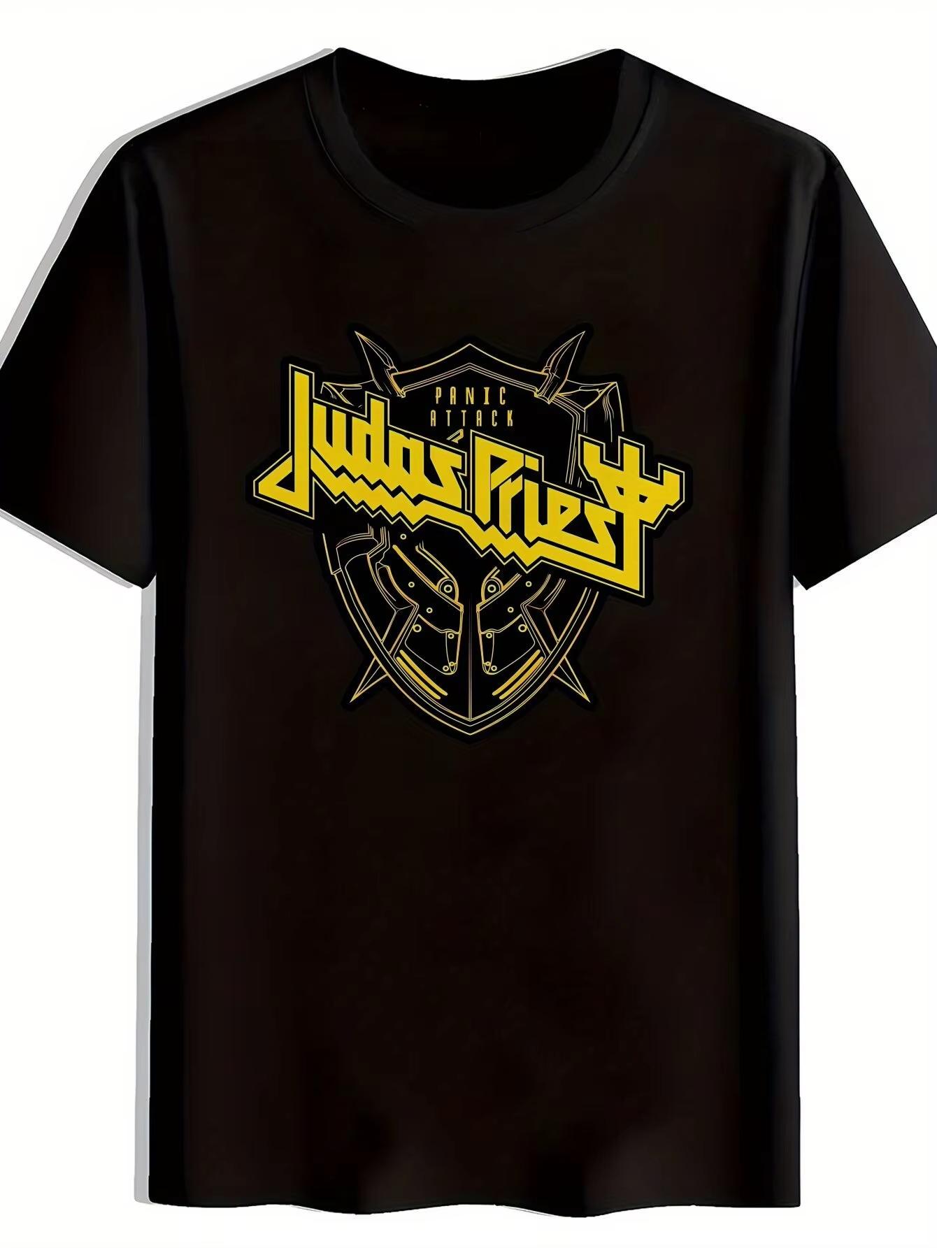 

Men s Black Rock Band Graphic T-Shirt Judas Priest Logo Design Short Sleeve Crew Neck Summer Polyester Tee for Fans 4XL