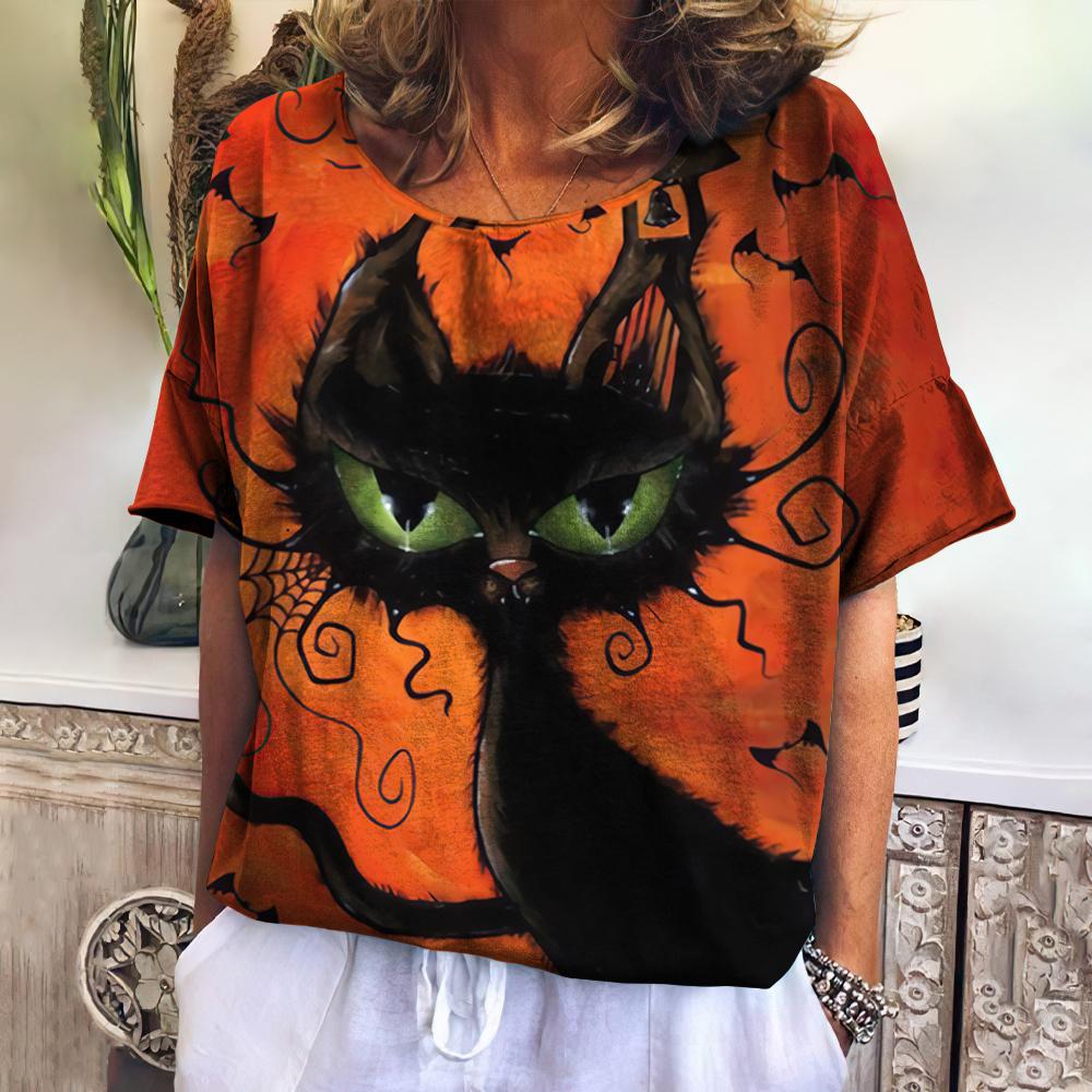 

Женская футболка больших размеров на Хэллоуин с принтом кошек, женская одежда, модные летние топы с короткими рукавами, повседневные футболки с круглым вырезом, женский пуловер 6XL