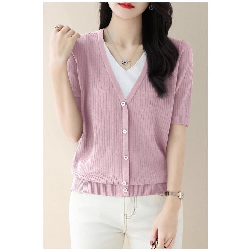 

Women s Ribbed Knit Top Faux Two-Piece V-Neck Short-Sleeve Blouse L рожевий