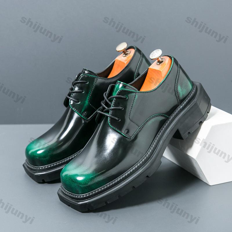 Fashion Men's Leather Shoes 2025 Spring Autumn Platform Height Increase Square Toe Loafers Fashion Cross Tied Comfortable Casual Shoes