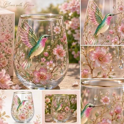 Glass Tumbler with Hummingbird and Floral Pattern Hand-Painted Decorative Drinking Glass with Gold Rim for Everyday Use and Special Occasions