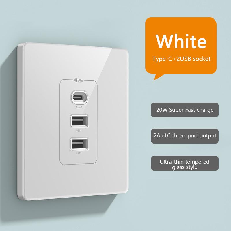 Universelle Smart-Steckdose 20W Superschnellladung Typ C USB-Anschluss Glas Kunststoff Strom Wandstecker, Ladeadapter Doppel-USB-Steckdose 220V