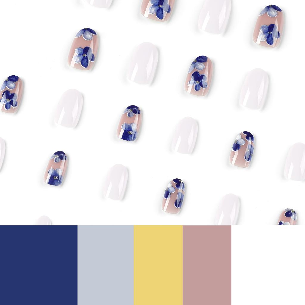 Wearable nail sticker blue smudged flower gold stamen wearing nail short fake nail summer nail piece