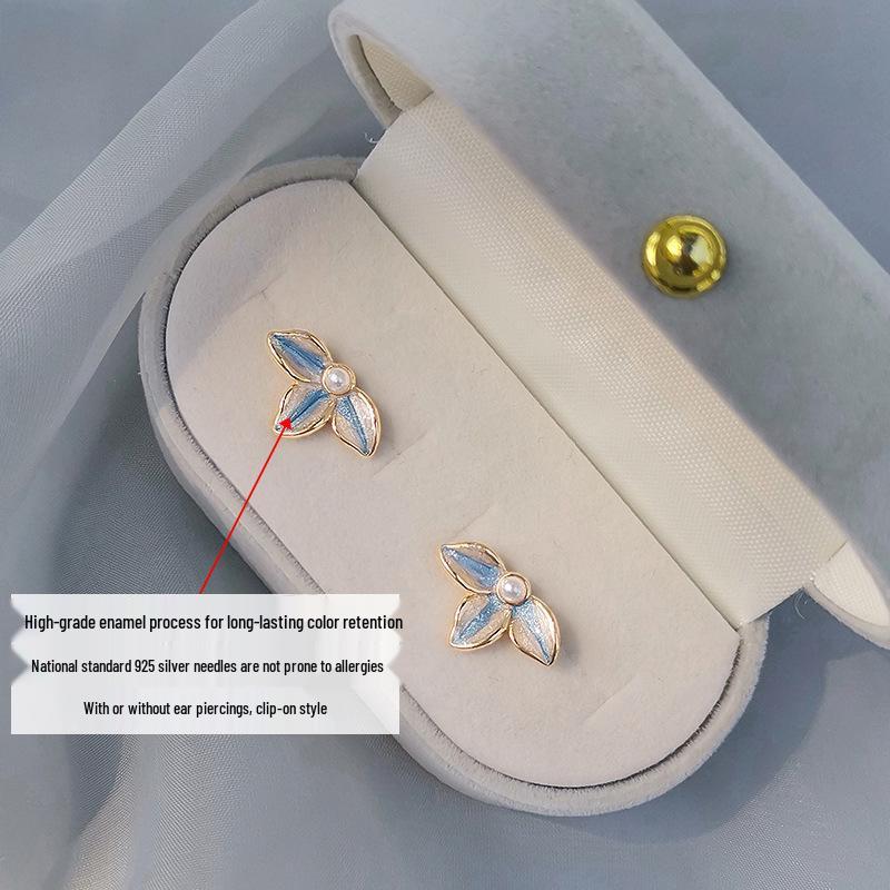 Blue Flower Stud Earrings for Women - Summer 2026 High-End Niche Design with Mosquito Coil Ear Clips