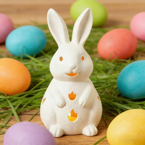 Easter Bunny Candle Holder Cute Bunny Resin Statue with LED Light White Bunny Figurine Rustic Table Centerpiece for Home Spring Decor