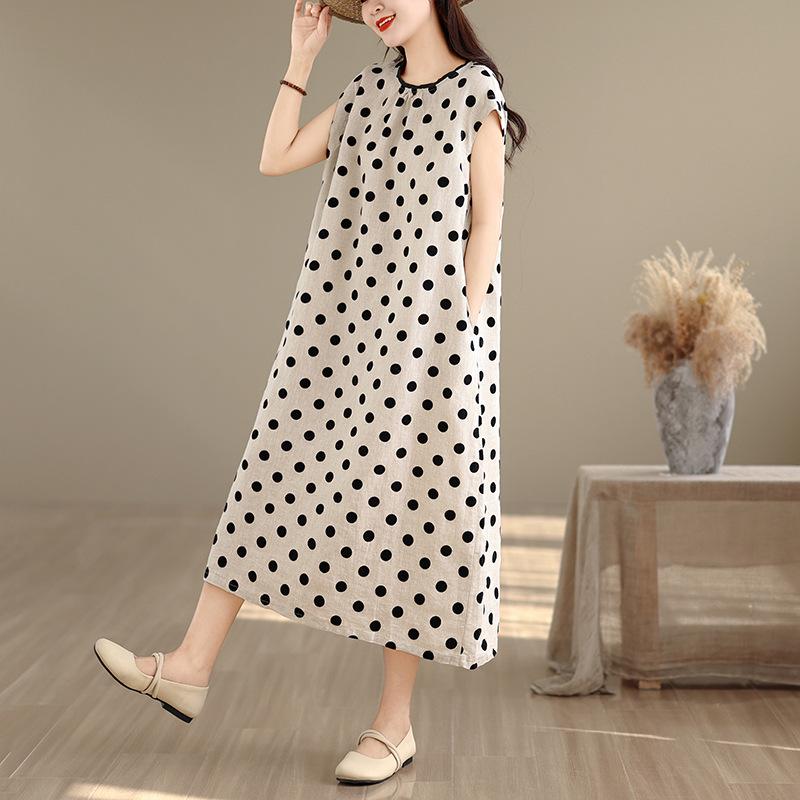 2026 Women s Summer Cotton-Linen Polka Dot Midi Dress, Loose and Stylish Fit 2XL