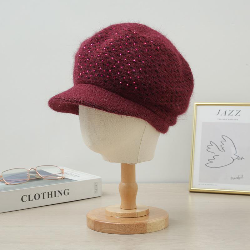 Autumn and Winter Casual Bright Diamond Rabbit Hair Mother Hat Versatile Plus Velvet Thickened Cold Proof Duck Tongue Cap Can Scarf Warm Set New