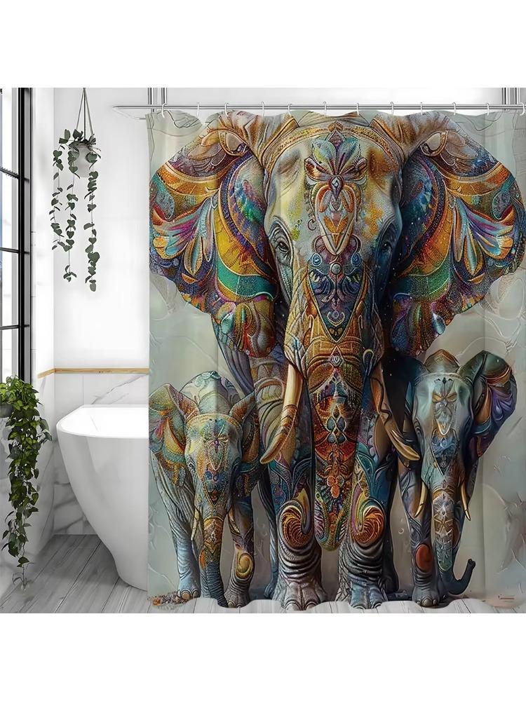 Bohemian Art Słoń Afrykański Kwiatowa Zasłona Prysznicowa, Dekoracyjna Zasłona Prysznicowa do Łazienki, Wodoodporna Zasłona Prysznicowa z Haczykami