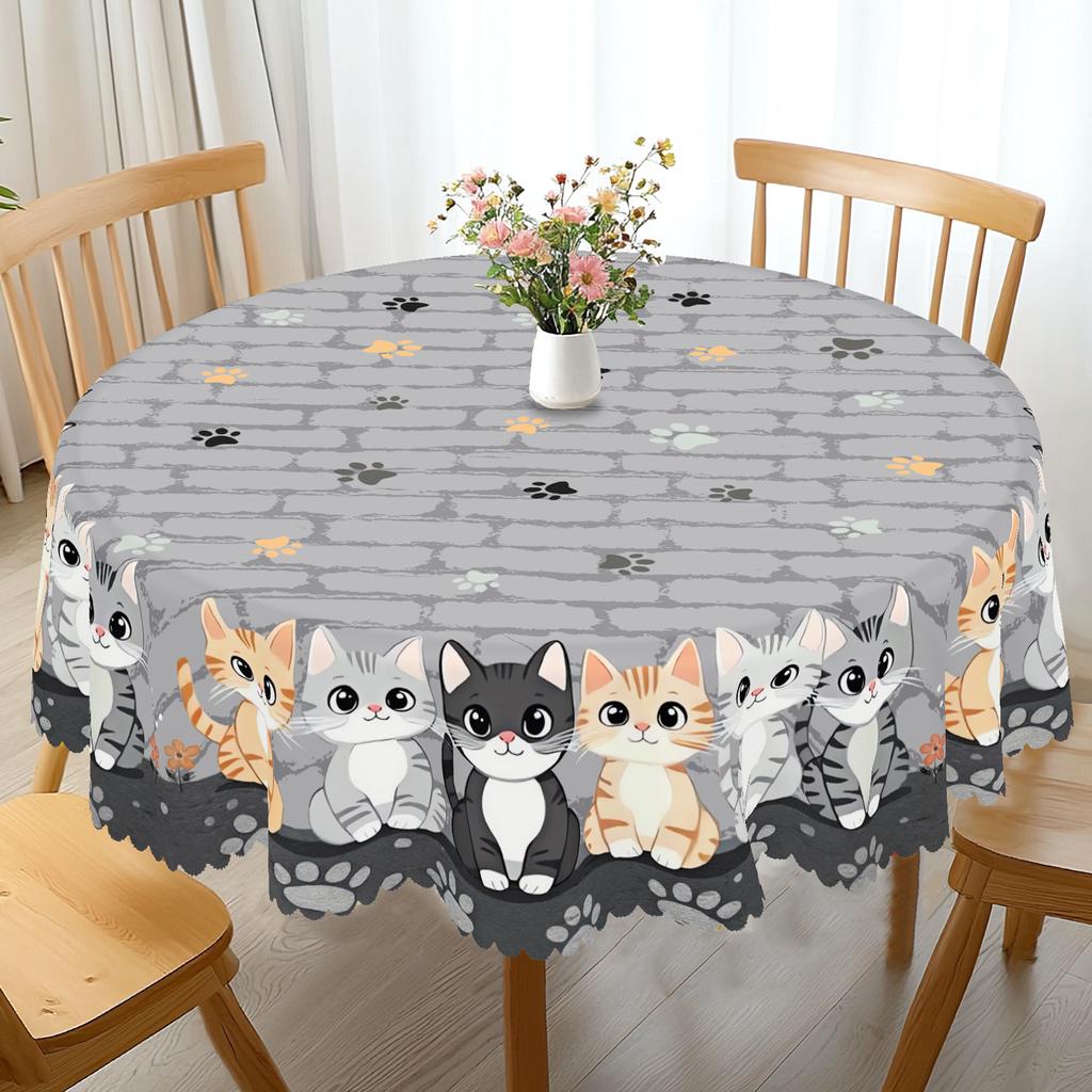 1 Stuk Grijze Retro Schattige Kattenprint Rechthoekig Tafelkleed, Lente Kat, Kattenpoot, Steenpatroon Rond Tafelkleed, Feestdecoratie, Huis Keukentafel